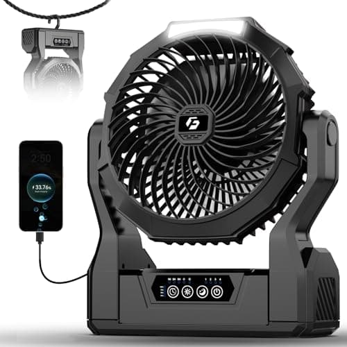 XZK 24000mAh Rechargeable Camping Fan, 60H Runtime Battery Powered Portable Travel Fan with LED Light, Tent Fans for Indoor,Outdoor,Fishing,Jobsite & Hurricane Emergency,Gifts for Men Dad Him,Black