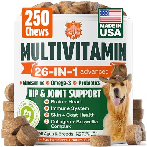 Dog Vitamins and Supplements 250 Chews - 26 in 1 Dog Multivitamin Soft Chews with Glucosamine, Chondroitin, Probiotics, Omega 3 - Hip & Joint, Skin & Coat, Immune Support - Chicken Flavor