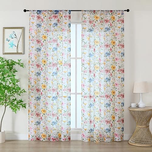 OWENIE Printed Floral Sheer Curtains - 84 Inches Long 2 Panels Set for Girls Bedroom Living Room, Soft Airy Light Filtering Textured Farmhouse Sheer Drapes, Rod Pocket Window Treatments, 42" Wx84 L