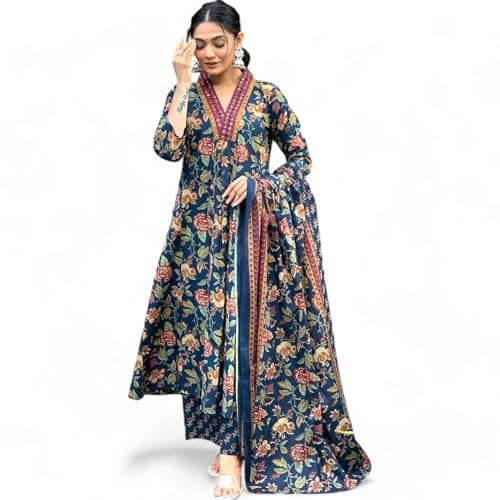 Kraphooli Women's Cotton Anarkali Kurti Set with Dupatta | Floral Printed Ethnic Suit for Festive & Traditional Wear | Blue, Large