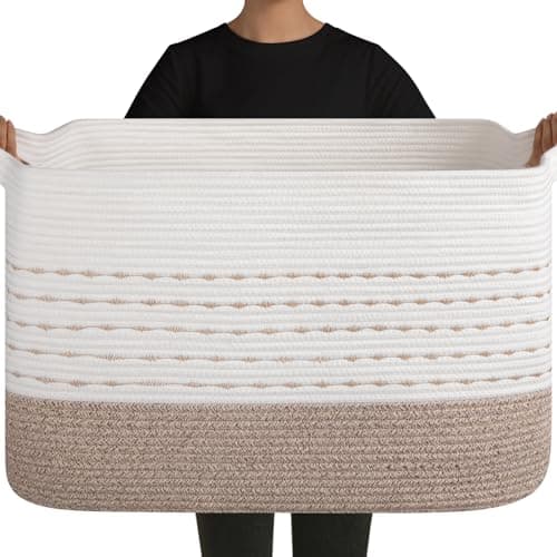OIAHOMY 108L Extra Large Blanket Basket, 25”x16”x16” Rectangle Woven Cotton Rope Baskets for for Living Room, Toy Storage with Handle- Gradient Light Brown