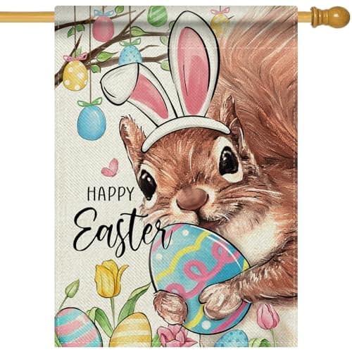 Covido Happy Easter Squirrel Decorative House Flag, Easter Egg Bunny Ears Garden Yard Outside Decoration, Spring Tulip Flower Burlap Outdoor Large Home Decor Double Sided 28 x 40
