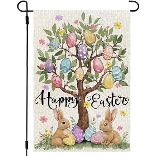 CROWNED BEAUTY Easter Garden Flag Eggs Tree 12x18 Inch Double Sided Bunny Holiday Decoration for Outdoor Lawn Yard