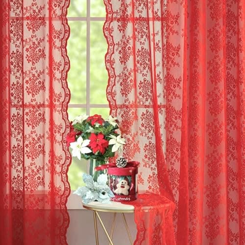 YJ YANJUN Vintage Lace Curtains 90 Inches Long 2 Panels - Retro Floral Red Christmas Sheer Curtains for Living Room Bedroom Rod Pocket Wedding Party Xmas Christmas Holiday Decor 52" W x 90" L