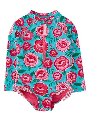 RuffleButts Girls UPF50+ Sun Protection Front Zipper Long Sleeve Rash Guard One Piece Swimsuit - Bright Blossoms, 6