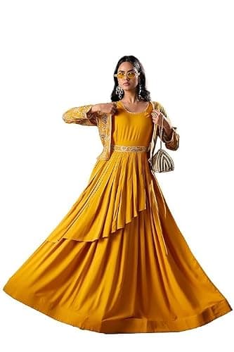madhuram textiles Women’s Rayon Anarkali Dress | Long Flared Ethnic Gown with Full Sleeves for Party & Festive Wear (US, Alpha, XX-Large, Regular, Regular, Yellow)