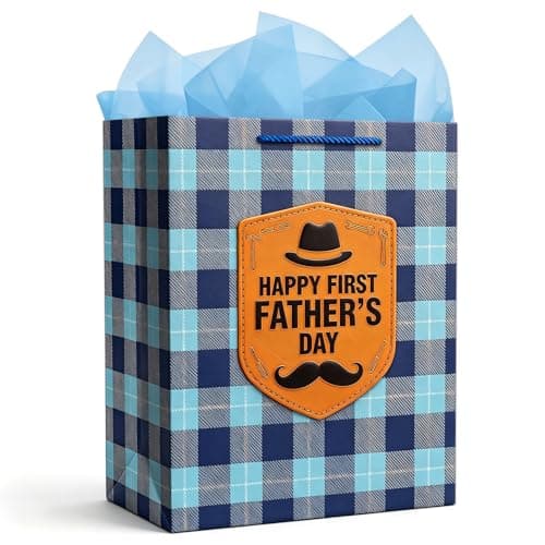 WaaHome First Fathers Day Gift Bag with Tissue Paper - Happy 1st Fathers Day Gift for First Time, Expecting, New Dad from Daughter Son, 11.5'' Large Blue New Dad Wrapping Paper Bag with Handle