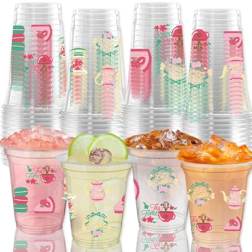 SYUCVQI 40 Pcs Tea Party Plastic Cups Disposable PET Clear Desserts Drinking Cups Bulk 12 Oz, Lets Partea Floral Plastic Cup for Tea Time Birthday Bachelorette Weddings Baby Shower Party Supplies