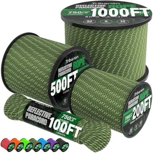 TRIBERION Reflective Paracord Rope 750 lb - 200ft 5/32" Parachute Cord 4MM 12-Strand para Cord - Heavy Duty Spool String for Survival,Camping Gear, Survival Bracelet, Clothesline - Army Green