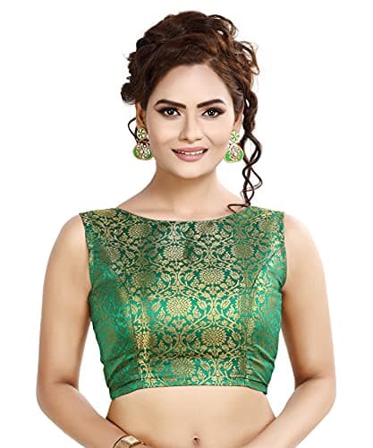 Madhu Fashion Women's Traditional Rich Banaras Brocade Sleeveless Readymade Saree Blouse 34 Bottle Green