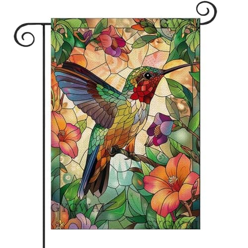 Stained Glass Spring Hummingbird Garden Flag 12x18 Double Sided Floral Small Burlap Yard Flag for Outdoor Outside Decor