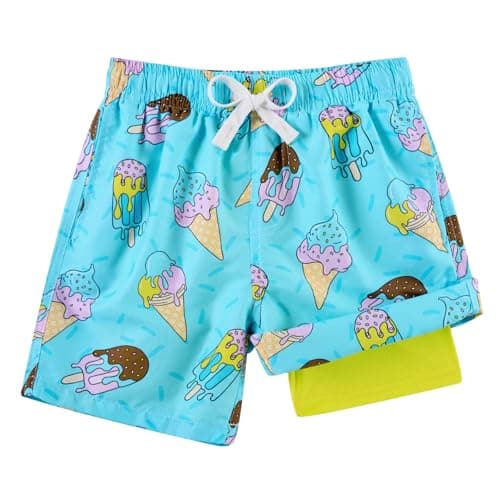 Cozople Boys Blue Swim Trunks Quick Dry UPF50+ Bathing Suits Swimwear Stretchy Compression Ice Cream Print Surfing Swimsuit with Inner Pockets Swim Shorts for Water Park