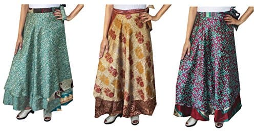 Maple Clothing Women's Indian Vintage Silk Sari Magic Wrap Around Skirts Long Boho Two Layers Multicolored Wholesale 3 Pcs Lot