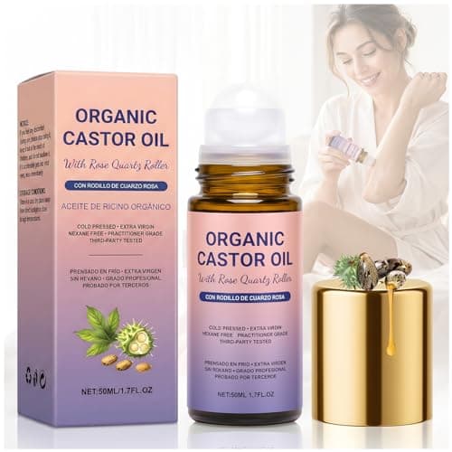 ketoyark Organic Castor Oil Roll On with Rose Quartz Roller, 100% Castor Oil Organic Cold Pressed, for Face and Body, Hair, Eyebrows, Moisturize Skin It is an ideal gift for women-1pcs