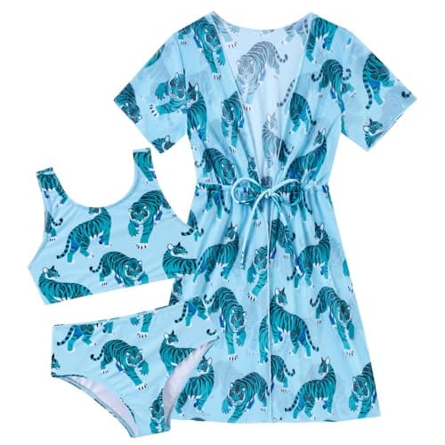 Enlifety Girls Bathing Suit Size 7 8 Turquoise Tigers Bikini Swimsuit 3 Piece Light Blue Swim Suits with Cover Up