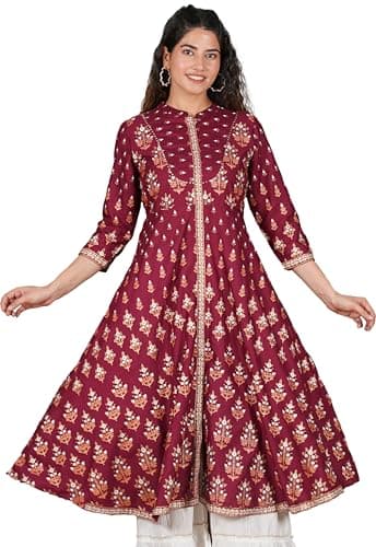 Yash Gallery Women's Rayon Floral Print Anarkali Kurta (Maroon)