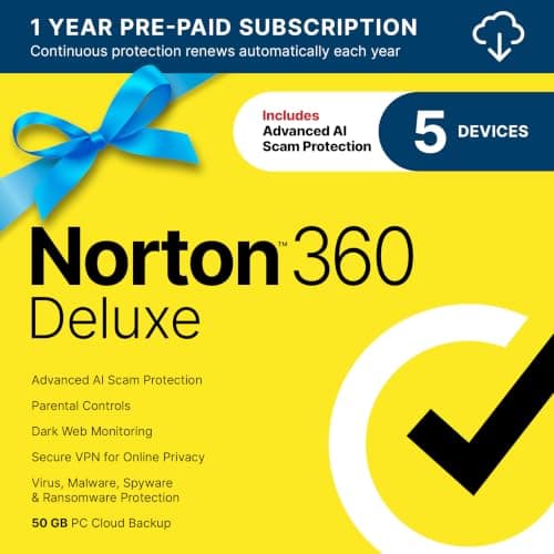 Norton 360 Deluxe, Antivirus software for 5 Devices with Auto-Renewal – Includes Advanced AI Scam Protection, VPN, Dark Web Monitoring & PC Cloud Backup [Download]