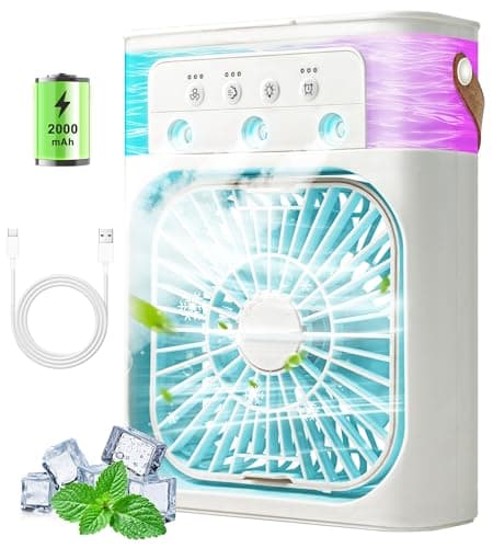 Portable Air Conditioners, 2000mAh Rechargeable Mini Air Cooler Fans, 500ML Personal Portable AC Unit with 3 Speed, 2 Spray, 7 Color, 3 Timer, Small Desktop Cooling Fan for Bedroom Office (Pure White)
