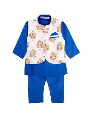 Superminis Boys Solid Color Kurta Pyjama With Printed Fancy White Base Jacket (Blue, 18-24 Months)