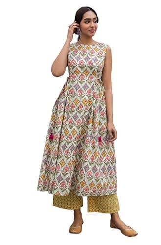 Janasya Indian Women's Cotton Multicolor Ethnic Print Casual Wear Kurta Set for Women