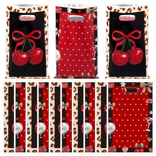 Haooryx Cheetah Cherry Party Favor Bags - 50Pcs Red Cherry Bow Leopard Print Plastic Goodie Candy Treat Bag with Handle Gift Wrap Decoration for Girls Birthday Baby Shower Wedding Party Favor Supplies