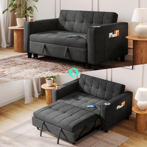 LINSY Sleeper Sofa Bed, 54" Pu...nd Small Space, Corduroy Black