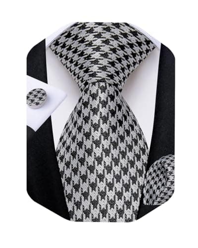 DiBanGu Black and White Striped Tie Set for Men Silk Woven Plaid Necktie and Pocket Square Cufflinks Business Wedding