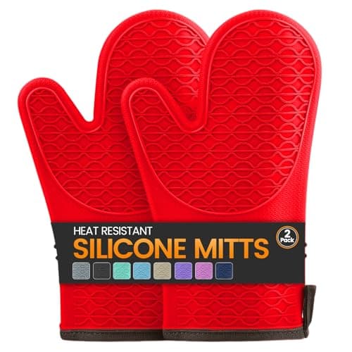 Silicone Oven Mitts, Heat Resistant 2PCS Oven Mitts with Soft Cotton Lining, Waterproof Non-Slip Grip Oven Glove, Kitchen Potholder Mits for BBQ, Baking, Cooking, 12.5 Inch - Red