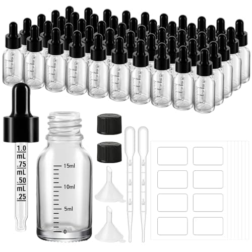UPBUD 50 Pcs 1/2oz Clear Glass Dropper Bottles with Measurement, 15ml Leakproof Tincture Bottles with Funnels, Eye Droppers, Extra Caps & Labels, Refillable Empty Bottle for Tinctures, Essential Oils