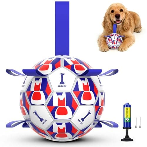PETSWEET Dog Toy Balls, Dog Soccer Ball with Straps, Interactive World Cup Soccer Ball for Medium Dogs, Water Fetch Toys, Tug-of-War, Herding Ball Toys Outdoor, Dog Birthday Toy, Blue (6 Inch)