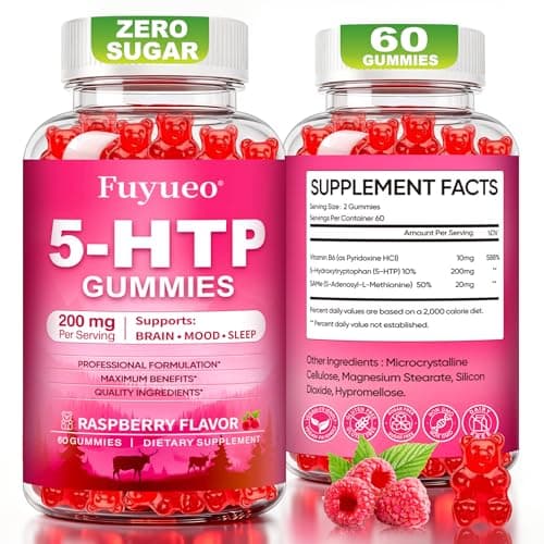 FUYUEO 5-HTP Gummies 200mg with Same & Vitamin B6 – Sugar Free for Sleep, Mood & Relaxation Support – Non-GMO, Gluten Free, 3rd Party Tested – Raspberry Flavor – 60 Count