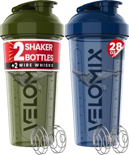 VELOMIX 2 Pack 28oz Protein Shaker Bottle for Protein Mixes, Blue/Green