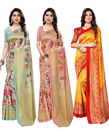 INDIA MADE Women's Combo Art Silk Saree with Blouse Piece-Pack of 3 Light Green-AIR Peach-MINALI Mustard Multicolor-02-6365