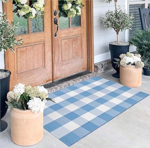 Blue and White Layered Doormat 27.5''x 43.3''Buffalo Plaid Outdoor Rug Cotton Woven Washable Farmhouse Door Mats Outdoor for Hello/Welcome Mat,Entryway,Bedroom,Patio