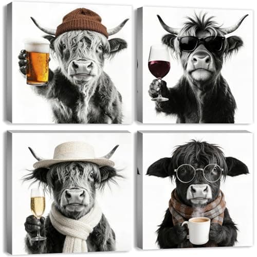 Funny Highland Cow Wall Art Cowboy Wall Decor Farmhouse Kitchen Decor Vintage Black and White Animals Pictures Canvas Prints Humor Cows Theme Paintings Posters Artwork Home Decorations 12x12” 4P