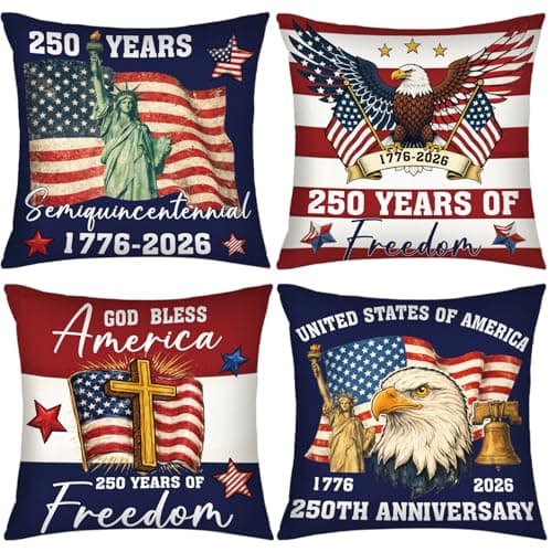 Fanfanwin 4 Pcs 250th Anniversary Patriotic Pillow Covers 18 x 18 Inch USA Red White and Blue Throw Pillow Covers American Flag Cushion Case for 4th of July Sofa Home Decoration(Classic Style)