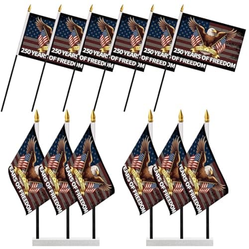 Probsin 250 Anniversary Stick Flag 6pcs America National Flag Eagle 250 Years of Freedom 1776-2026 250th Birthday Patriotic Signs Hand Held Flags for Room House Welcome Lawn Backdrop Parade