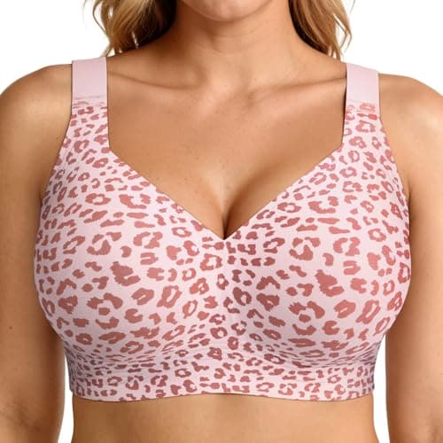 LetsJoli Jelly Bras for Women Push Up Bra Wireless No Underwire Supportive Full Coverage Plus Size for Older Women(Leopard Pink,XL)