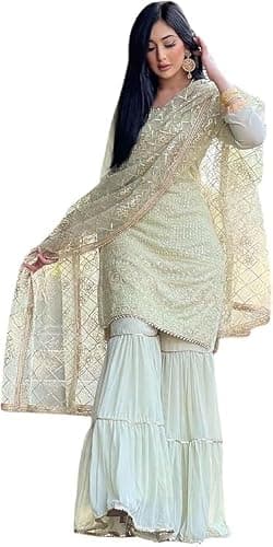 FASHION FRONTIER Beautiful Chinnon Punjabi Style Sharara Suit For Women Ready To Wear Salwar Kameez With Dupatta (US, Alpha, X-Large, Regular, Regular, Light Green)