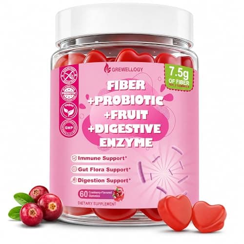 Grewellogy Fiber Gummies for Adults, Sugar Free Fiber Supplement with Prebiotics, Probiotics & Digestive Enzymes for Gut Health Support, 60 Count Cranberry Flavor, Vegan