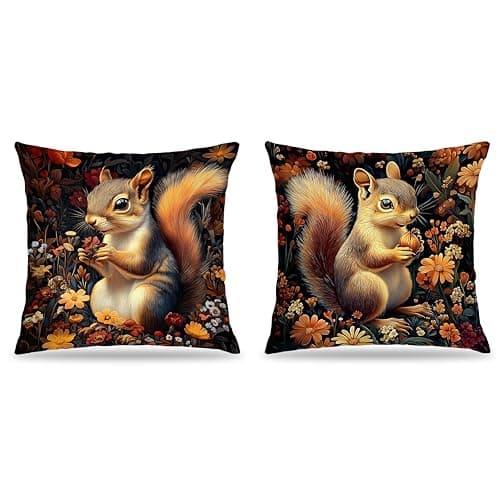 FITIE William Morris Inspired-Floral Squirrel Pillow Covers 18x18 Set of 2,Dark Cottagecore Decor, Moody Rustic Botanical Mysterious Squirrel Wildlife Decor Pillow Covers for Home Living Room Bedroom