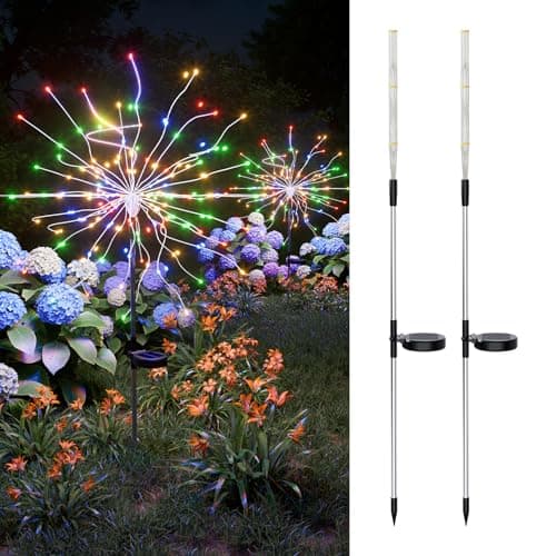 2 Pack RGB Solar Powered Fireworks Light, 120 LED Outdoor Waterproof Starlit Sphere Starburst Lights, Bendable Copper Wire Holiday Deco for Garden, Flower Bed, Planter, Patio, Front Yard Accent Lamps