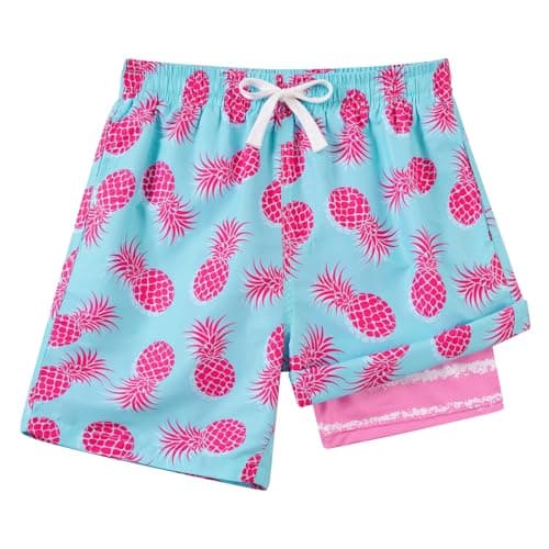 Cozople Boys Swim Trunks with Compression Liner Novelty Pineapple Swim Shorts Quick Dry UPF 50+ Blue Bathing Suit for Teens Summer Holiday Beachwear