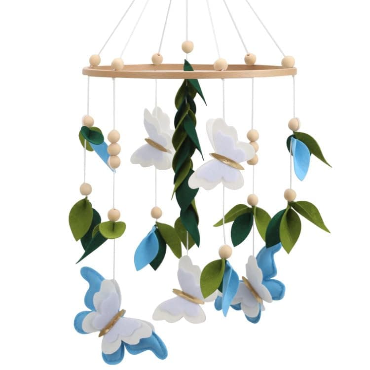 Butterfly Mobile for Crib - A Beautiful Blue Butterfly Handmade Crib Mobile with Green Leaves, White and Gold Detail