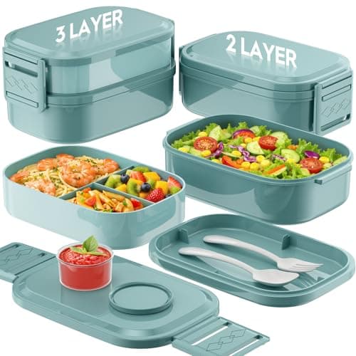 BiuLeon Bento Box Adult Lunch Box, 65 Oz Capacity Lunch Containers(Adjustable 2/3 Tier), BPA-Free, Leak-Proof and Stackable Bento Lunch Box, Microwave & Dishwasher Safe with Utensils(Green)