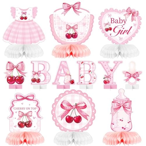 Andi Cppss Cherry on Top Honeycomb Centerpieces - 12PCS Pink Cherry on Top Baby Shower Decorations Welcome Baby Girls Baby Shower Table Honeycomb Centerpieces It’s a Girl Gender Reveal Table Topper