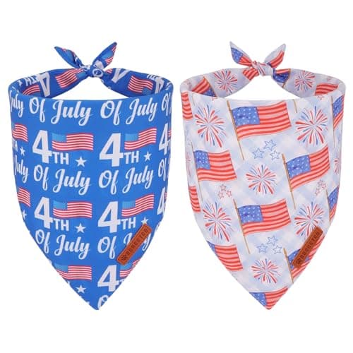 ADOGGYGO American Flag Dog Bandanas 2 Pack, Triangle Reversible Independence Day Pet Scarf Bib, Red Blue 4th of July Bandana for Medium Large Dogs (Large)