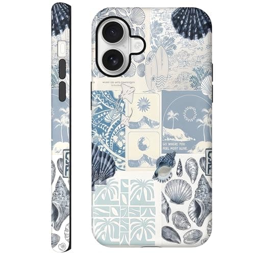 Kaislandy Cases for iPhone 16 Plus, Blue Sea Shell Coast Collage Aesthetic Phone Cover, Scratch Resistant Hybrid 2-Layer Hard Shell Phone Case