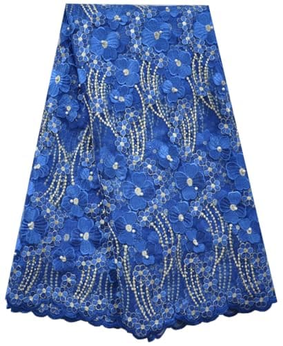 SanVera17 Manual Beading Glitter Stone African Lace Net Fabrics Nigerian Saree Fabric Embroidered and Guipure Cord Lace for Party Wedding (Dark Blue) 5 Yards