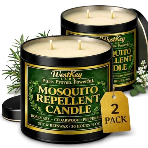 WestKey Labs Mosquito Candles for Outside, 2 Pack 9 oz Mosquito Repellent Candles for Patio, Backyard, Porch, Camping & Outdoor Living, Citronella, DEET Free